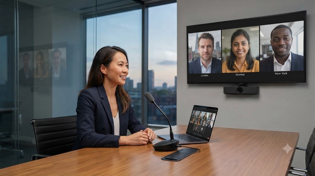 A professional and realistic photograph of an Asian businesswoman in her 30s leading a remote video conference in a modern glass conference room. She is sitting calmly at a wooden table with a microphone and laptop, smiling gently while listening to international colleagues displayed on a large wall screen. The atmosphere is relaxed, natural, and collaborative during a moment of thoughtful pause in the meeting.