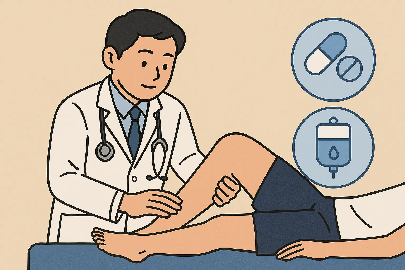 의사가 환자의 다리를 진찰하는 장면, 손으로 피부를 만져보는 모습, 항생제 알약과 정맥주사
