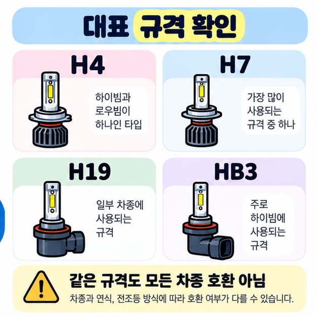 브라비오 LED 전조등의 H4, H7, H19, HB3 규격과 차종별 적용 여부를 확인해야 함을 정리한 카드