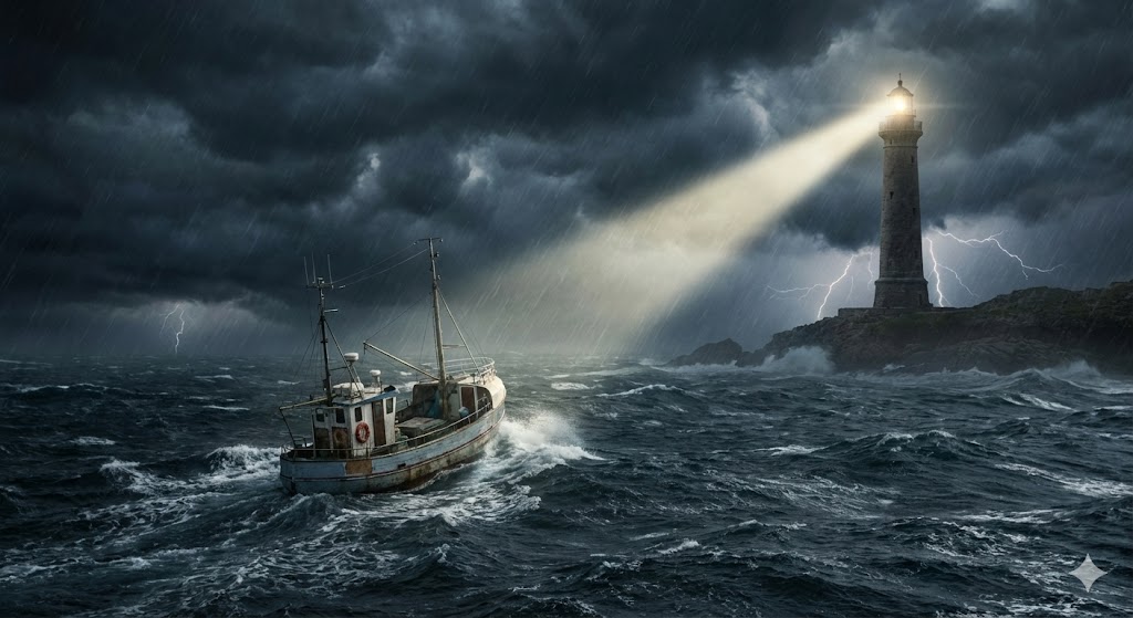 거친 폭풍우(경제 위기) 속에서도 불이 꺼지지 않는 등대(안전 자산/확실한 1 등주)를 바라보며 항해하는 배의 모습
