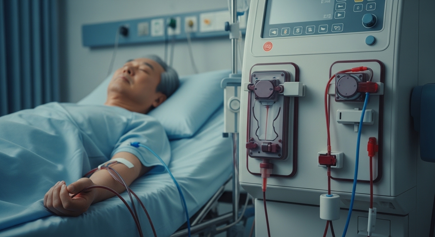 병원 침대 옆 혈액투석 기계에 연결되어 치료받는 노인 남성 환자, 기계의 길고 원통형인 혈액 필터와 혈액 라인이 선명하게 보인다.