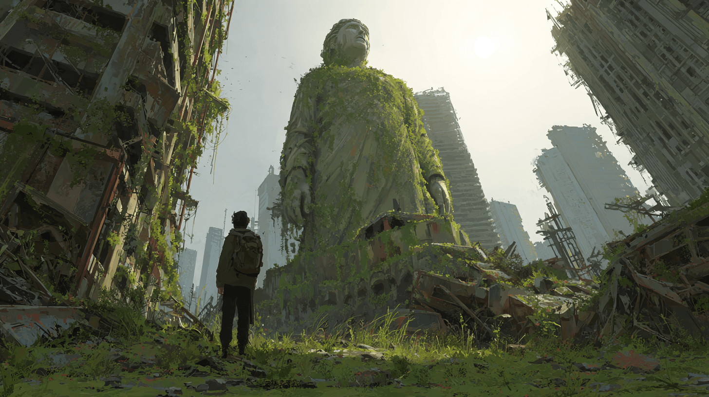 수풀로-둘러쌓인-도시-한가운데-서-있는-사람