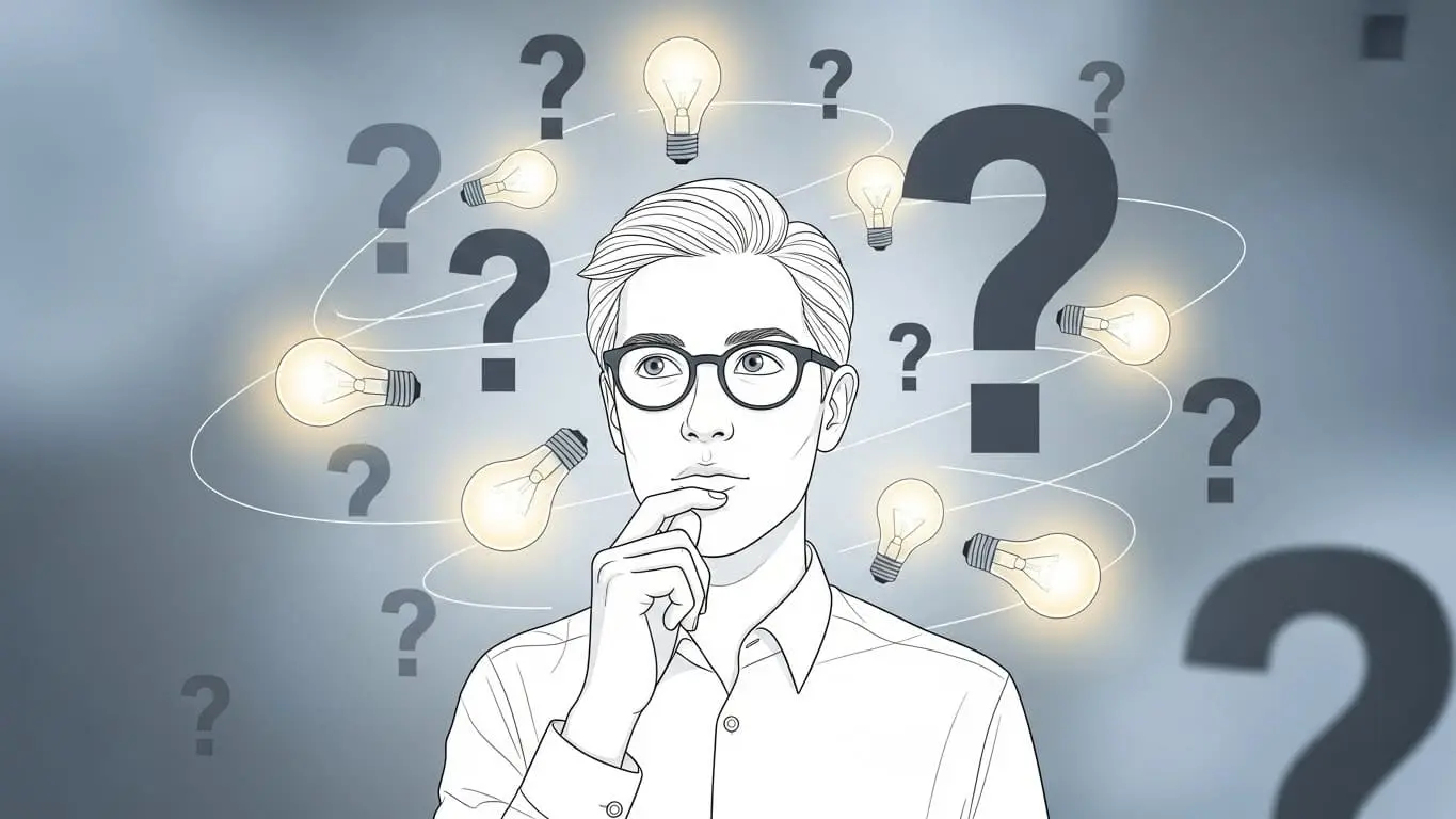 스스로에게 질문하며 새로운 아이디어를 얻는 사람의 모습, 내적 동기 부여를 상징합니다.