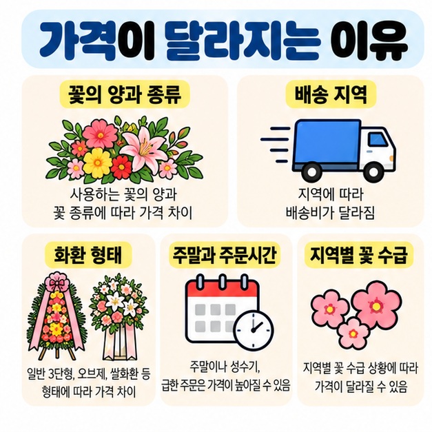 꽃의 양과 종류, 배송 지역, 화환 형태, 당일 주문 여부에 따라 결혼식 화환 가격이 달라지는 이유를 정리한 카드