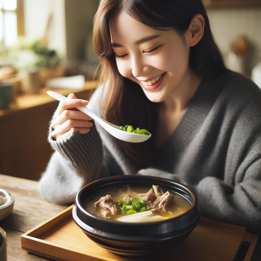 맑은 국물의 한우곰탕을 맛있게 먹는 젊은 여성 소비자