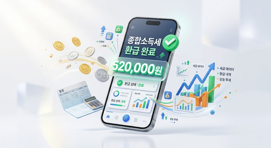 미니멀하고 부드럽게 빛나는 흰색 배경에 스마트폰 화면으로 '종합소득세 환급 완료' 메시지와 함께 '+520,000원'이 녹색 체크 표시와 함께 크고 명확하게 표시된 현대적인 3D 인포그래픽. 스마트폰 주변으로 삽화된 동전, 통장, 세금 데이터 및 환급 내역 차트가 활기차게 흐름.