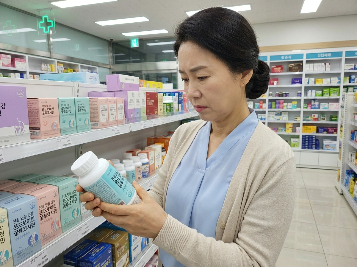 약국 진열대에서 관절 영양제 제품 뒷면 표시를 살펴보는 한국인 중년 여성