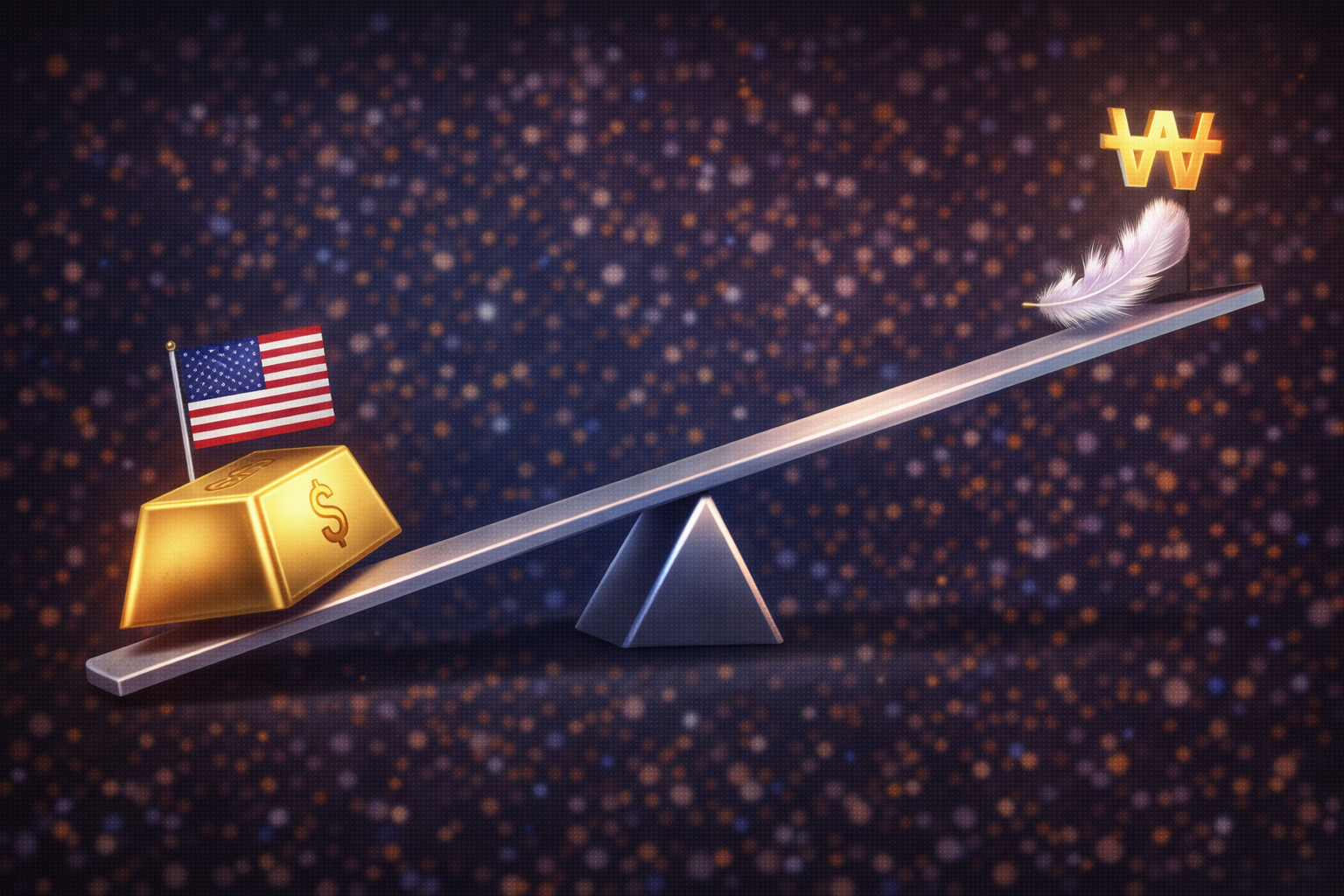 A seesaw with a heavy gold bar (Dollar) with the US flag going down on the left, and a light feather (Won) with the Korean flag going up on the right.