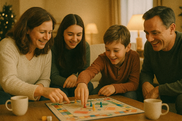 따뜻한 조명 아래 가족들이 보드게임과 요리를 함께하며 즐거운 명절을 보내는 모습