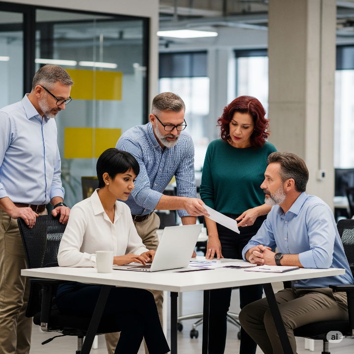 현대적인 사무실에서 협력하는 50대 남녀 전문가들, 경험과 전문성을 활용한 중장년 재취업 시장 동향