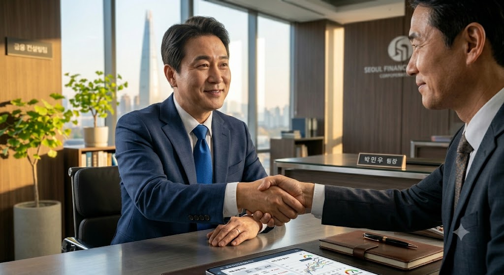 세련된 은행 상담창구에서 고객과 금융 상담사가 신뢰 가득한 모습으로 악수를 나누는 정밀 클로즈업 사진. 성공적으로 대출 한도 승인 및 금리 협상을 마친 편안하고 따뜻한 프로페셔널 라이프스타일 8k 이미지.