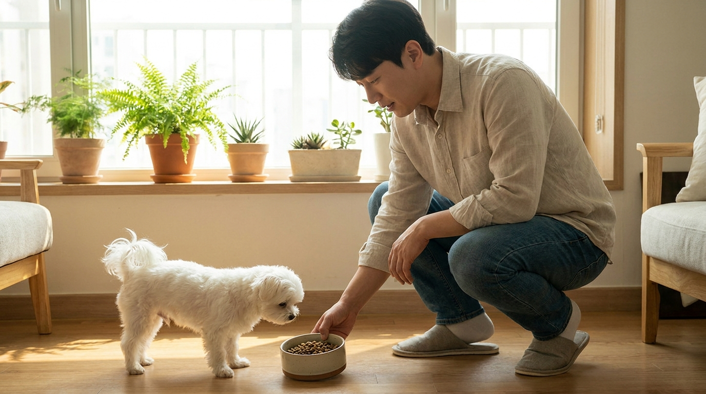 거실에서 사료 그릇을 놓는 남성