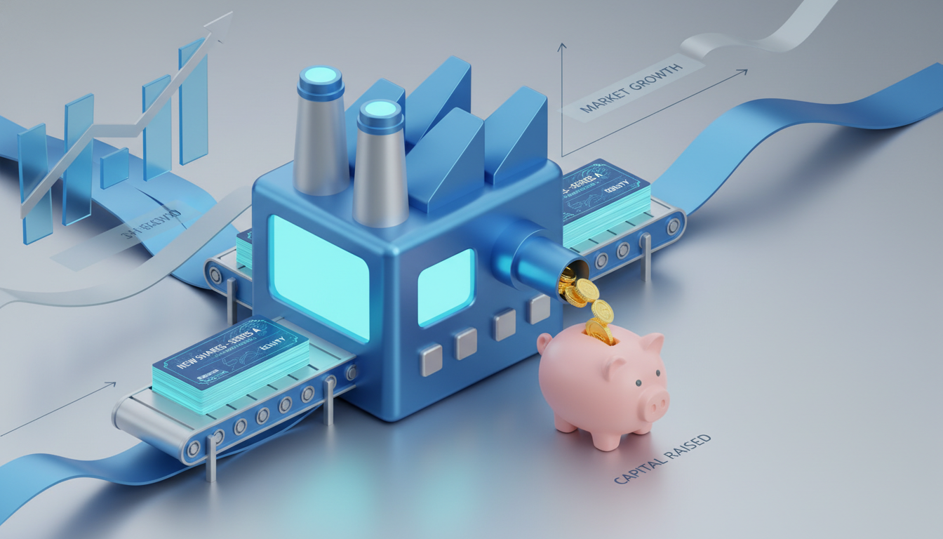 기업이 새로운 주식을 발행하여 자금을 조달하는 유상증자의 개념 일러스트