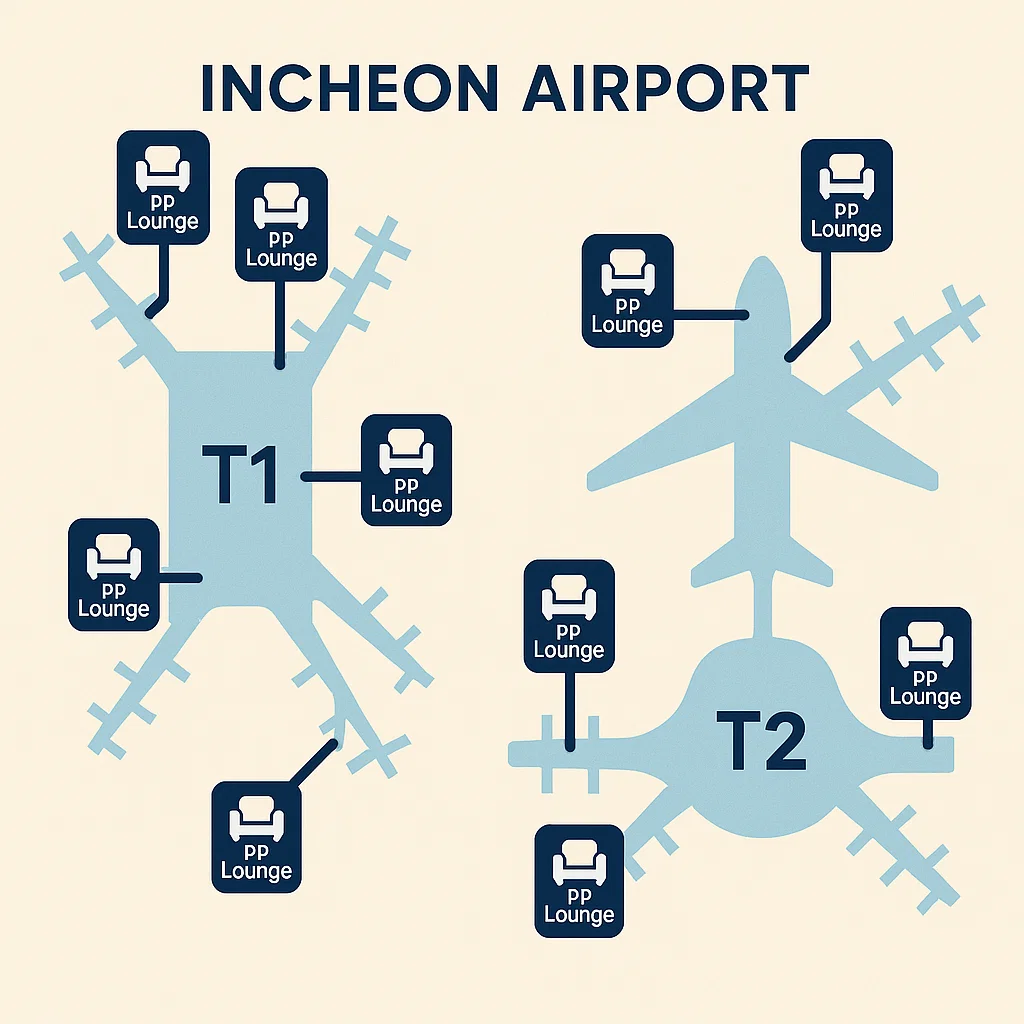 인천공항 제1, 제2터미널 내 Priority Pass 제휴 라운지 전체 위치도입니다