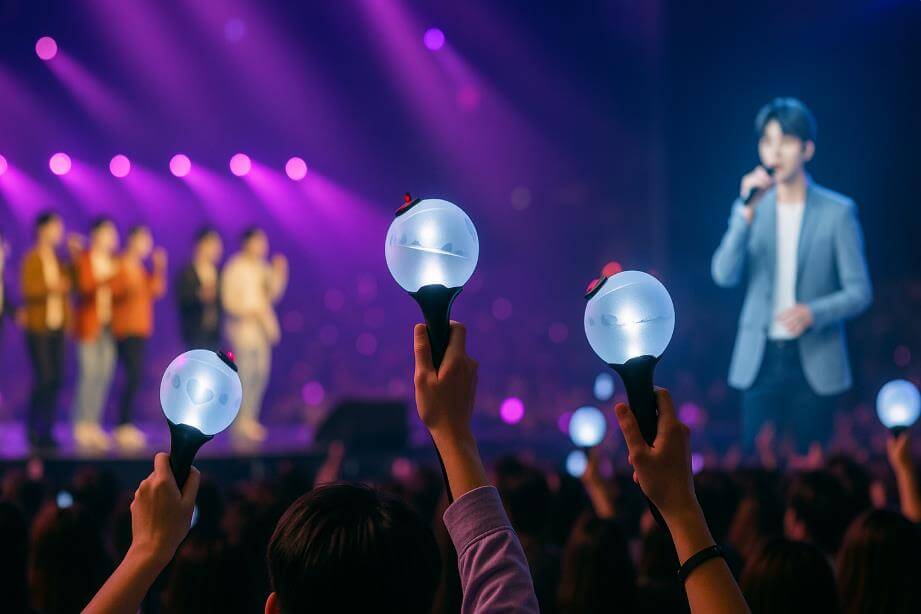 콘서트장에서 팬들이 아미밤을 흔들며 공연을 즐기는 모습