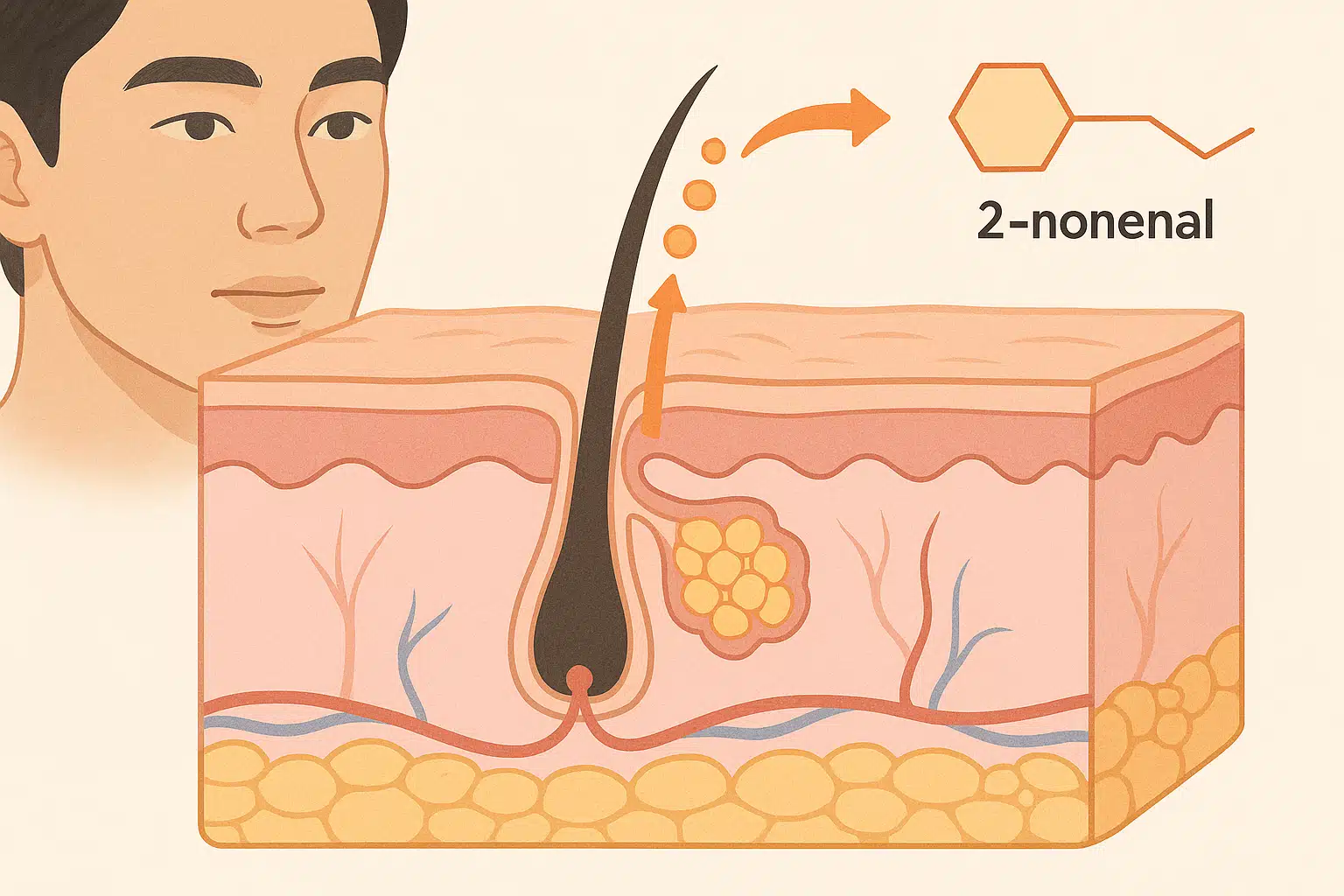 피부의 피지선에서 지방산이 산화되어 노넨알이 생성되는 과정