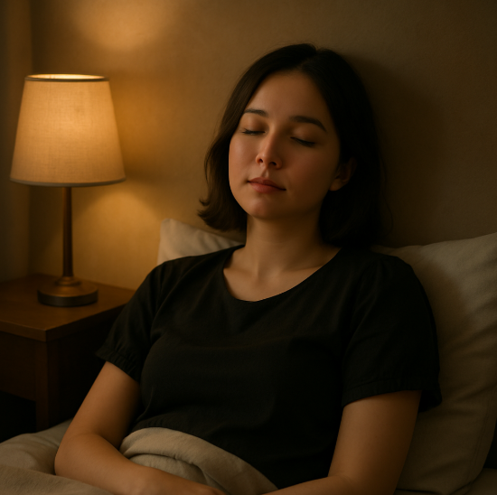 간접조명이 켜진 침실에서 눈을 감고 쉬는 사람