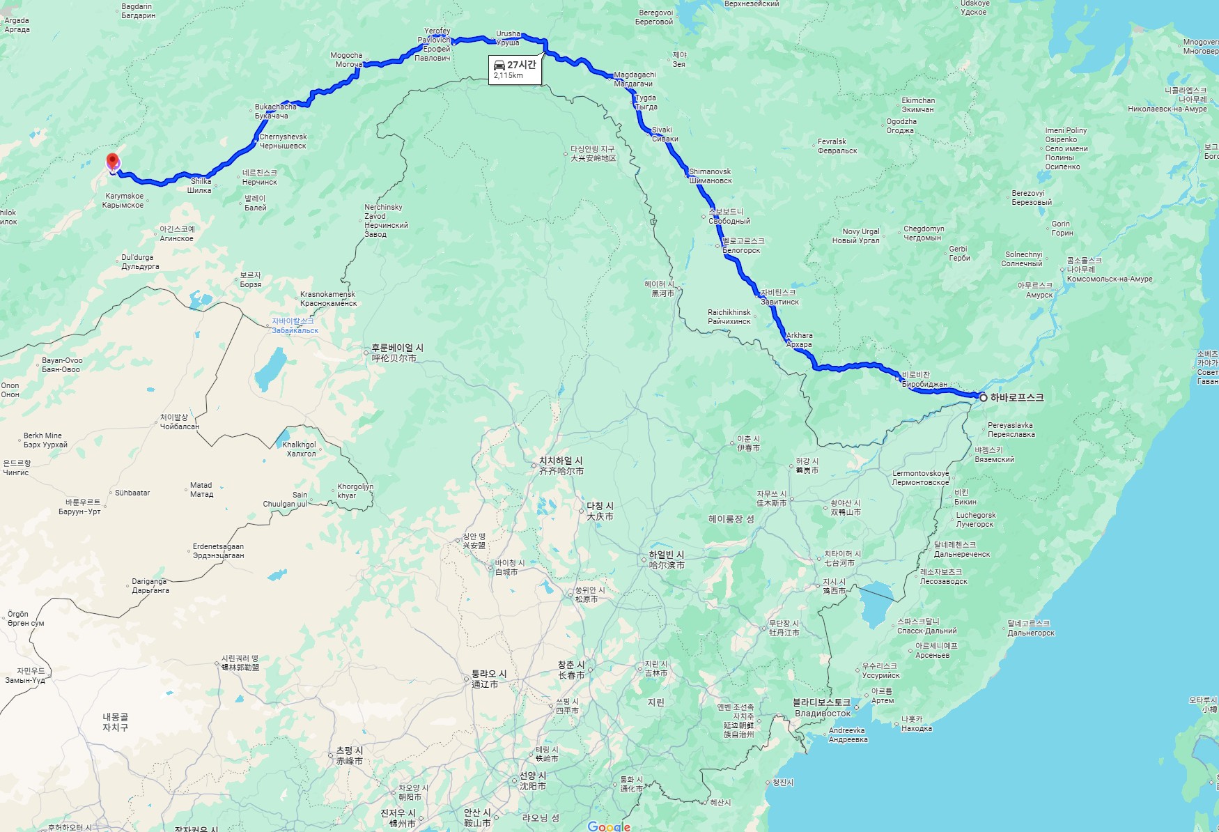 러시아 하바로브스키에서 치타까지 경로