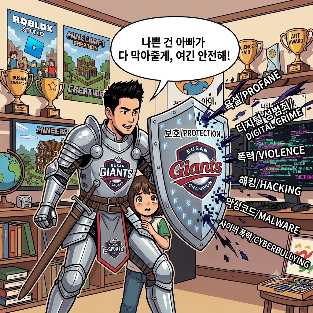 아이에게 게임 유해요소에서 보호해주는 모습