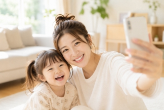 밝은 거실에서 엄마와 어린 딸이 함께 셀카를 찍으며 환하게 웃고 있는 모습
