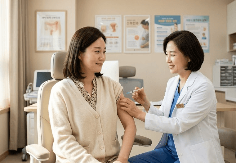 산부인과 진료실에서 의사에게 웃으며 자궁경부암 예방 백신(HPV)을 맞고 있는 40대 초반 여성의 모습