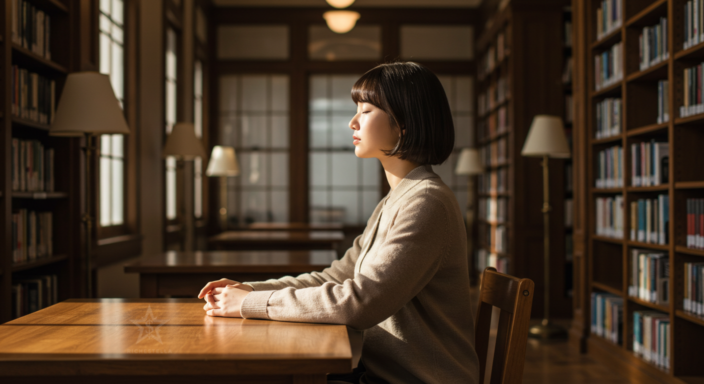 도서관에서 잠시 명상을 하는 학생의 모습