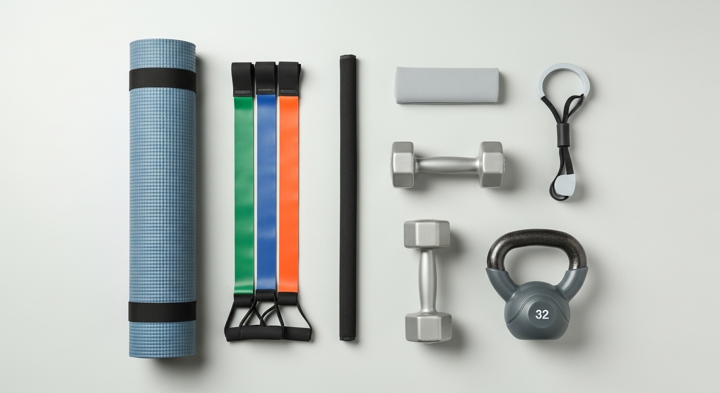 집에서 근력 운동 효과를 높여주는 운동 매트, 저항 밴드, 덤벨 등 다양한 홈트레이닝 기구 모음.