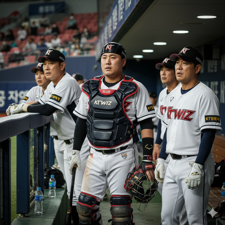 KT 위즈의 선수들이 더그아웃에서 심각한 표정으로 경기장을 바라보는 모습