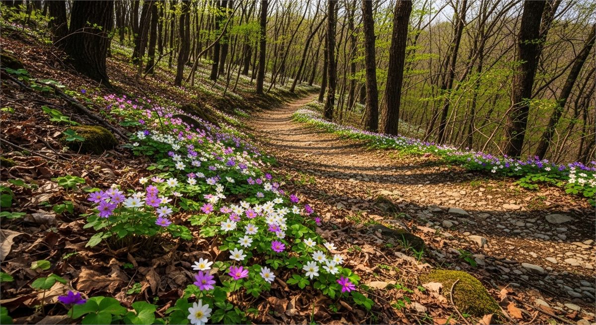 초봄 숲길 가장자리에서 피어난 작은 야생화 군락 