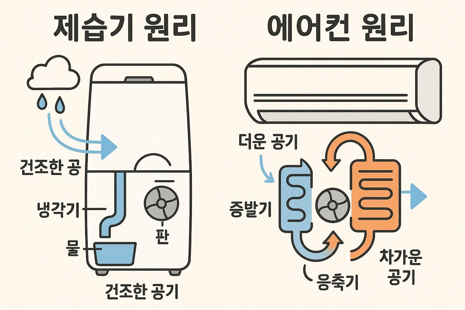 에어컨과 제습기의 냉매 순환 및 열 배출 차이