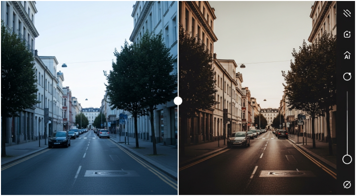 AI 보정 전(왼쪽)과 후(오른쪽)의 스마트폰 사진 비교: 흐릿하고 평범한 거리 풍경이 AI
필터를 통해 빈티지하고 영화 같은 감성으로 변화된 모습.