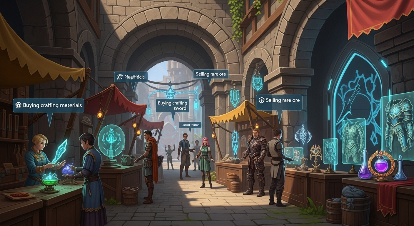 아키텍트 게임 내 자유로운 거래 시스템을 보여주는 시장 풍경. 다양한 아이템을 사고파는 유저들이 활기찬 경제 활동을 보여주고 있습니다.