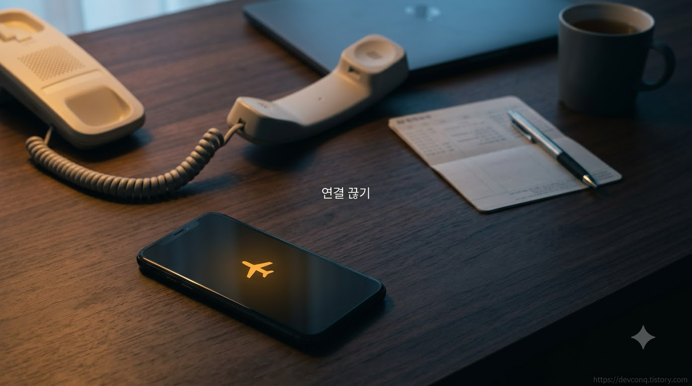 비행기 모드로 전환된 스마트폰을 책상에 두고 유선전화로 은행에 연락하는 장면
