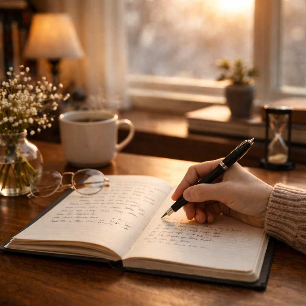 아침 햇살이 드는 서재 책상 위에서 노트에 글을 쓰는 손과 펜, 꽃과 안경이 놓인 차분한 풍경