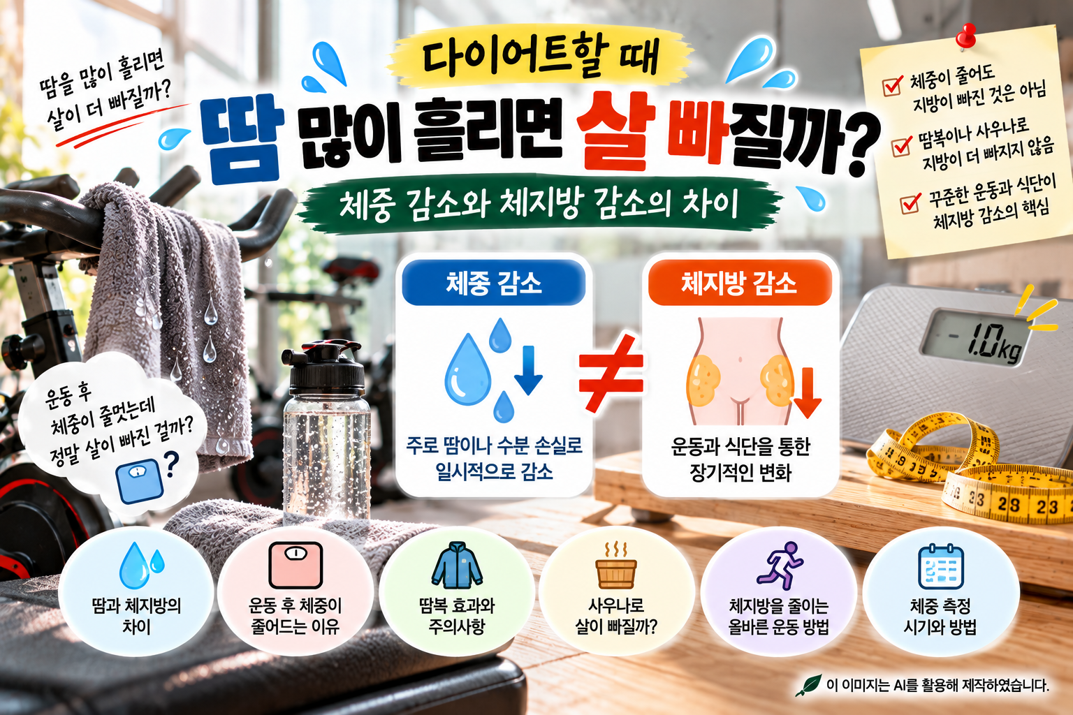 다이어트 중 땀을 많이 흘렸을 때 나타나는 일시적인 체중 감소와 실제 체지방 감소의 차이를 설명하는 이미지