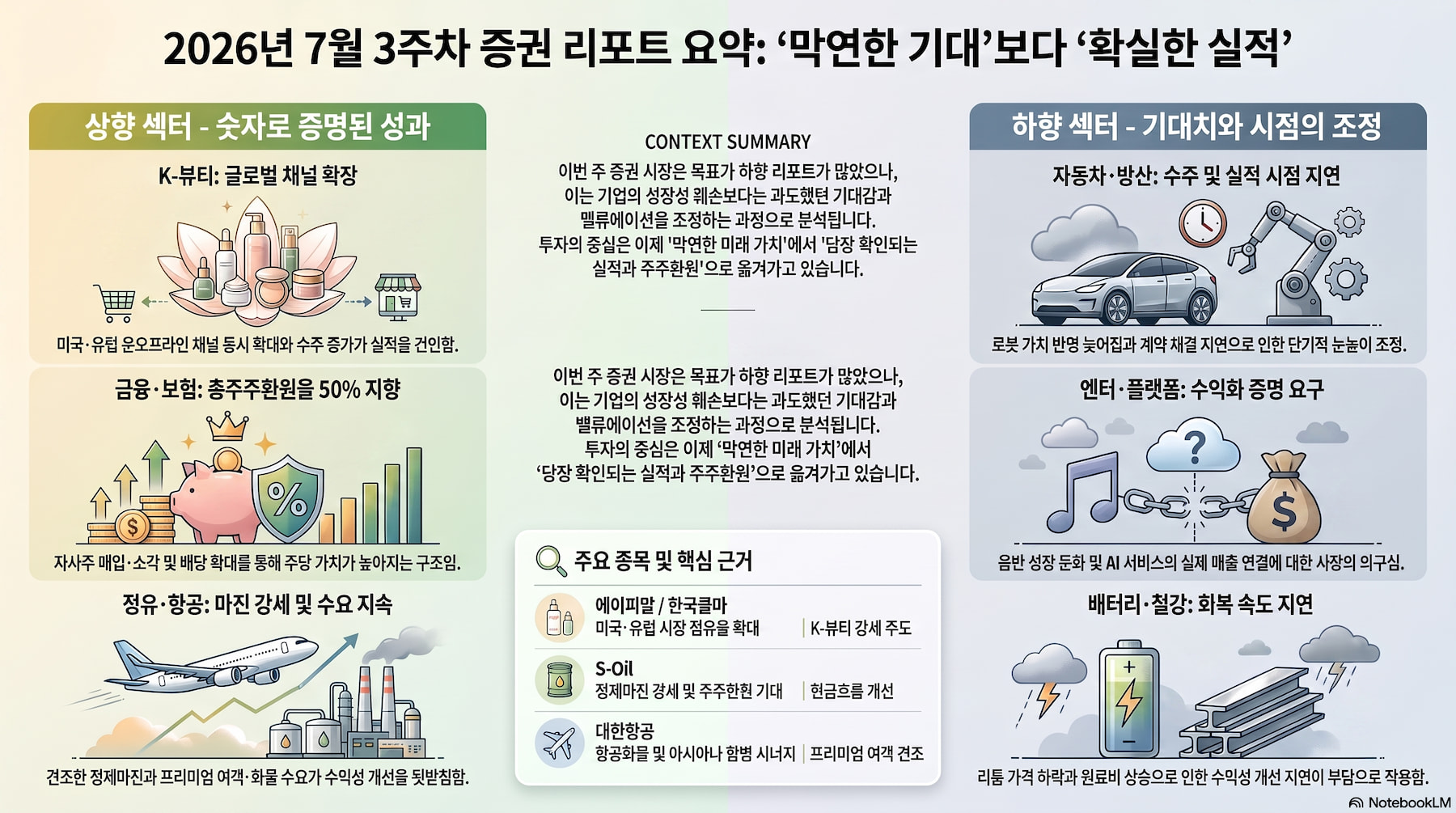 2026년 7월 3주차 증권 리포트 분석: K-뷰티&middot;정유&middot;금융&middot;항공 강세, 자동차&middot;방산&middot;엔터는 눈높이 조정