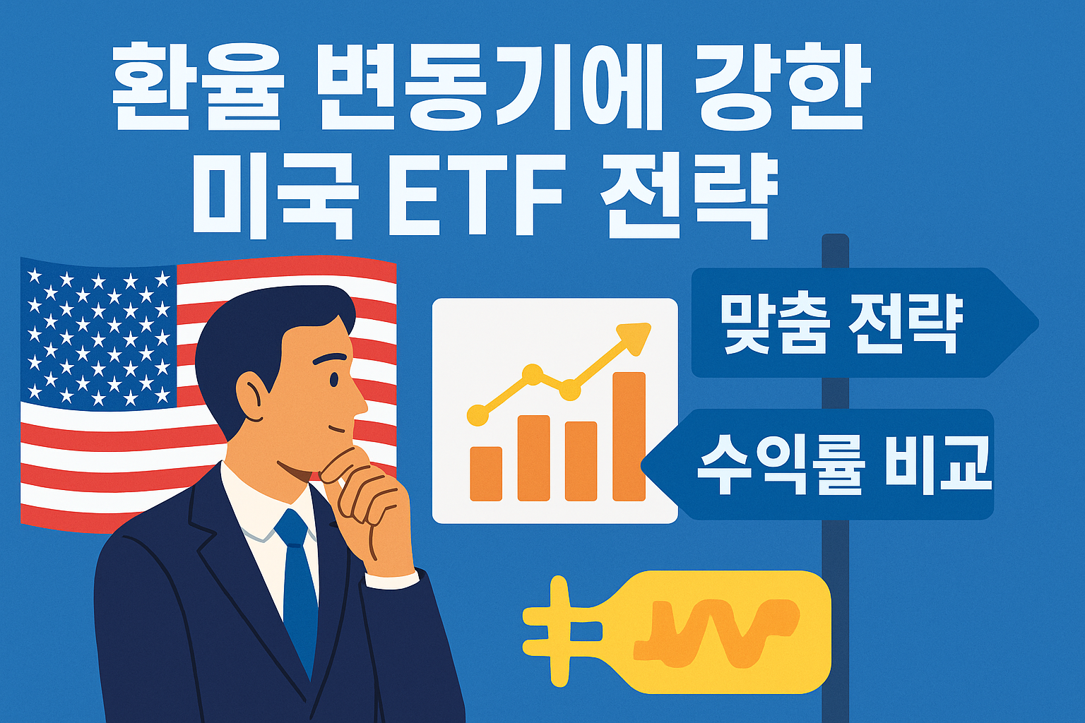 환율 변동기 미국 ETF 전략 썸네일. 미국 국기, 수익률 상승 그래프, 환율 아이콘, 투자자 일러스트와 '맞춤 전략', '수익률 비교' 이정표 포함
