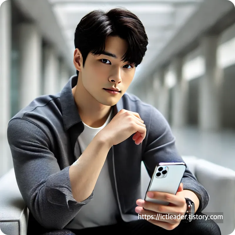 iPhone을 주의 깊게 바라보는 20대 한국 남성의 모습