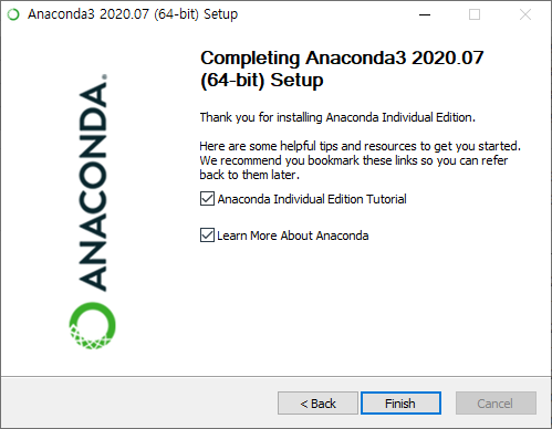 아나콘다 설치 마지막 화면