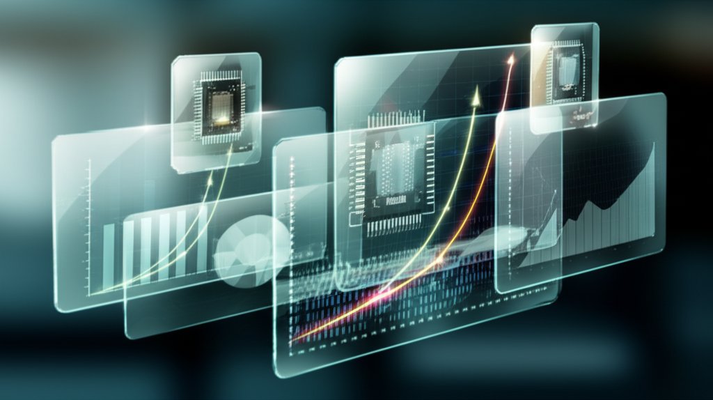 2026년 한국 반도체와 글로벌 금융 시장의 AI 투자 붐을 나타내는 글래스모피즘 스타일 디자인