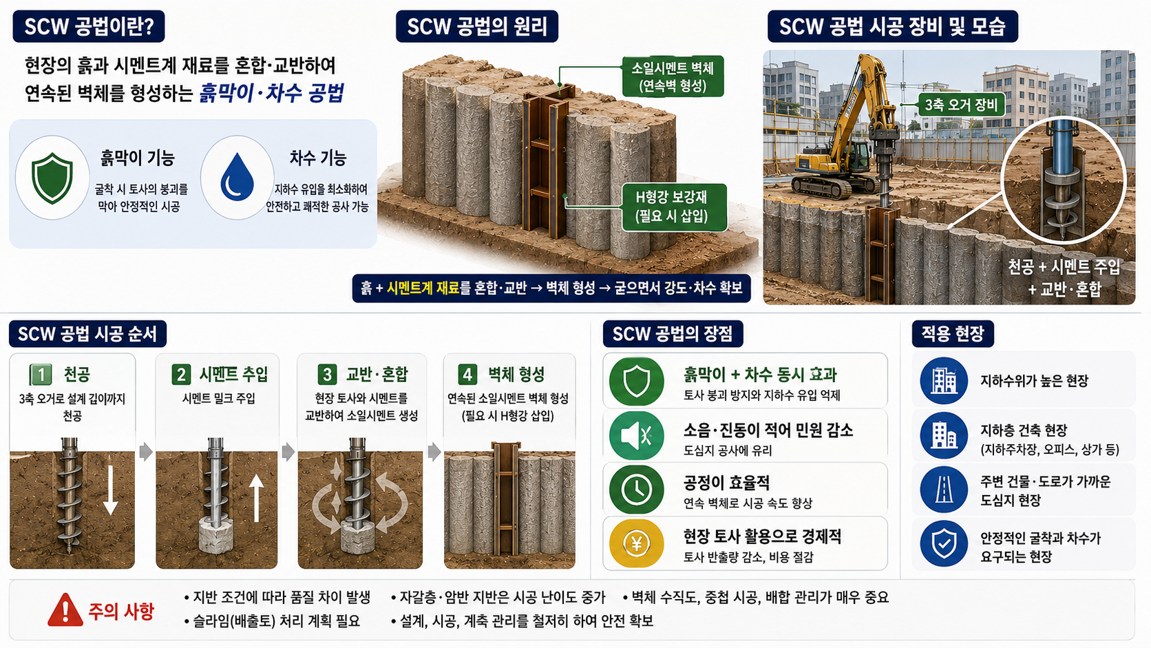 SCW 공법이란 지하 터파기에서 흙막이와 차수를 함께 해결하는 공법