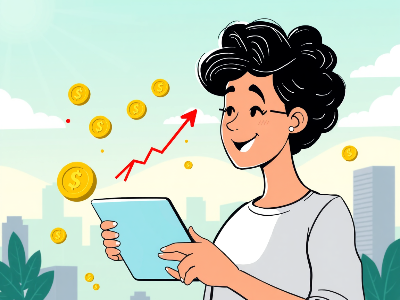 한 중년 여성이 태블릿을 보며 웃고 있고 주변에 여러 코인이 떠있다