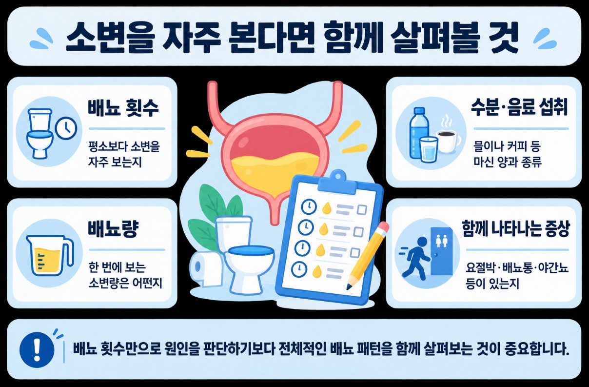 소변을 자주 볼 때 배뇨 횟수 배뇨량 수분 섭취 동반 증상을 함께 확인하는 방법