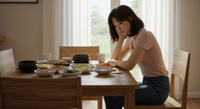 밥상 앞에서 젓가락을 들지 않는 한국인 여성