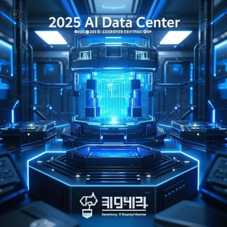 &quot;첨단 AI 데이터센터 내부, GPU 서버와 액체 냉각 시스템이 빛나는 장면. 배경에 ‘2025 AI 데이터센터’ 텍스트와 산업통상자원부 로고 흐릿하게 표시. 미래지향적 파란색 톤으로 기술 혁신과 성장 강조.&quot;