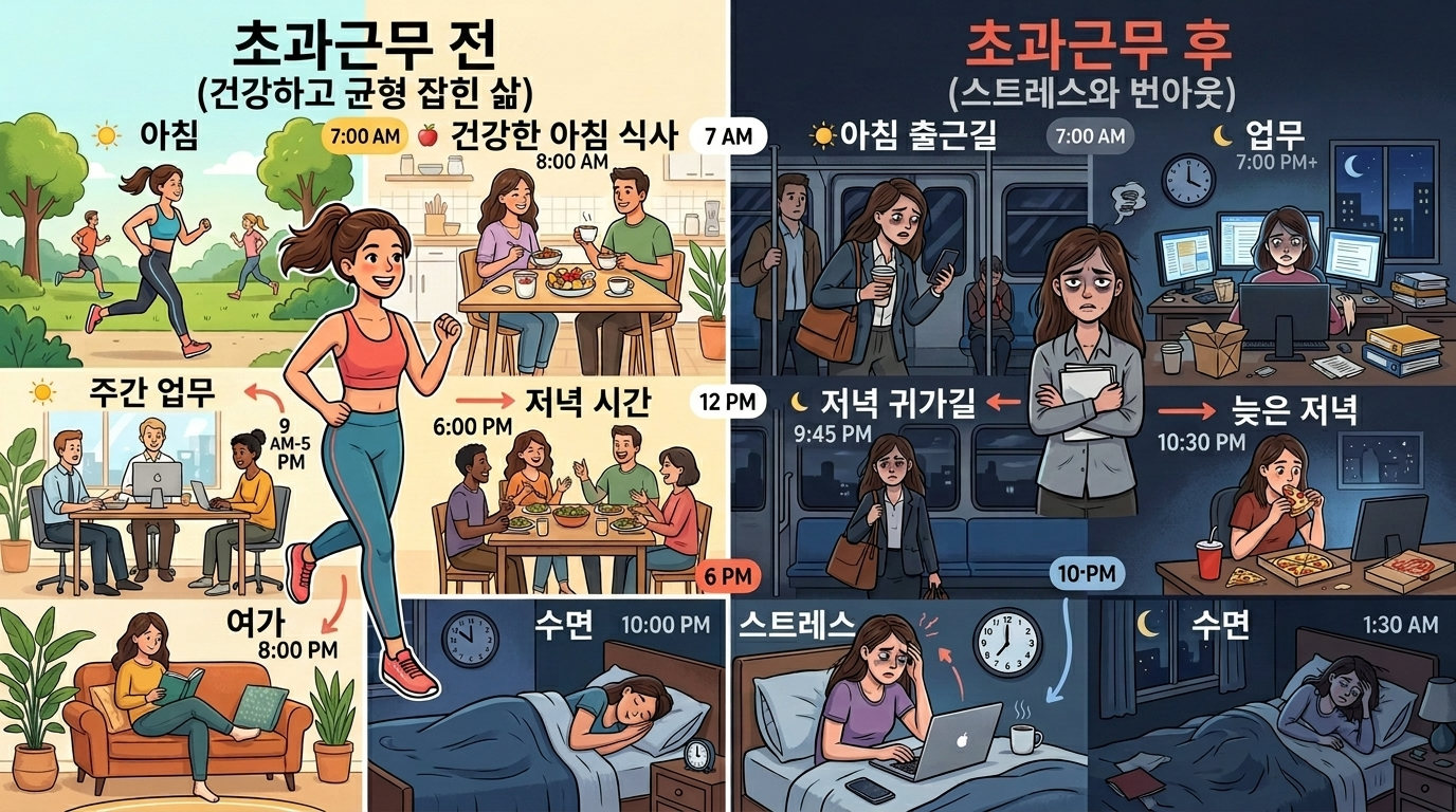 야근으로 무너진 생활 패턴 비교 이미지