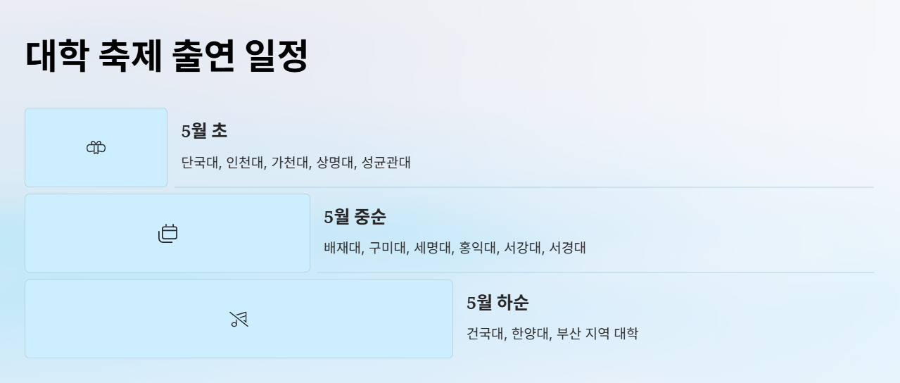 싸이, 2025년에는 어느 대학 축제에 나타날까?
(5월 대학 축제 출연 일정)
