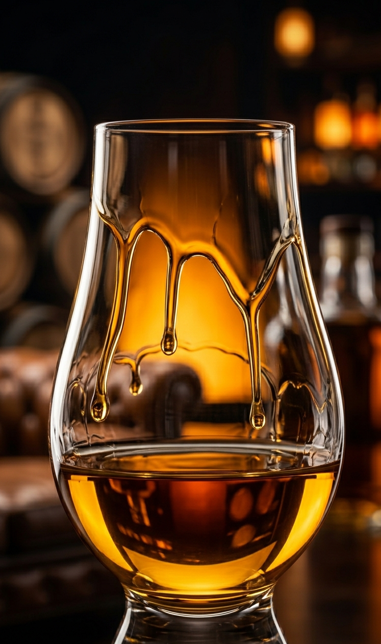 조명 아래 위스키 잔 안쪽 벽면을 따라 굵고 천천히 흘러내리는 위스키 레그(Legs) 현상을 포착한 초근접 세로형 이미지.