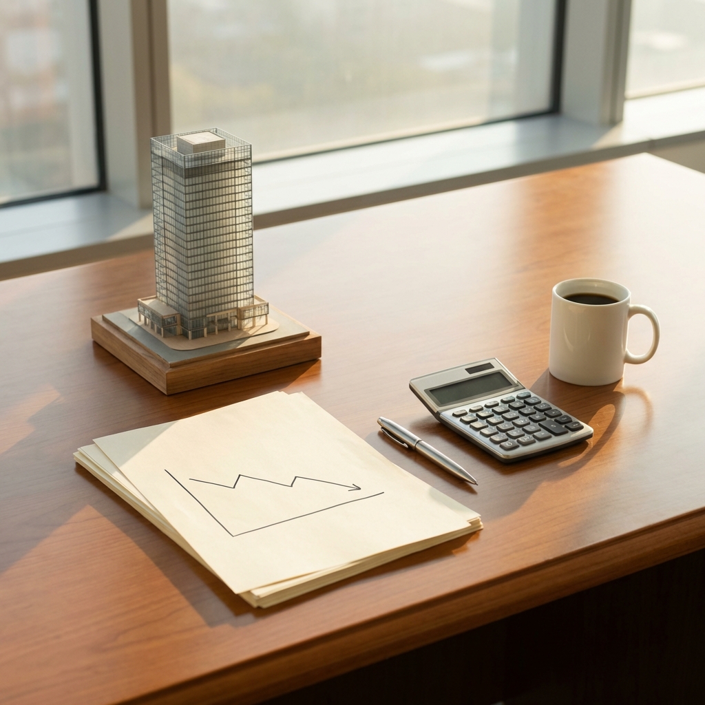 금리 인상에 따른 리츠(REITs) 투자의 위험성과 상업용 부동산 가치 하락을 상징하는 오피스 빌딩 모형과 차트가 놓인 전문가의 책상