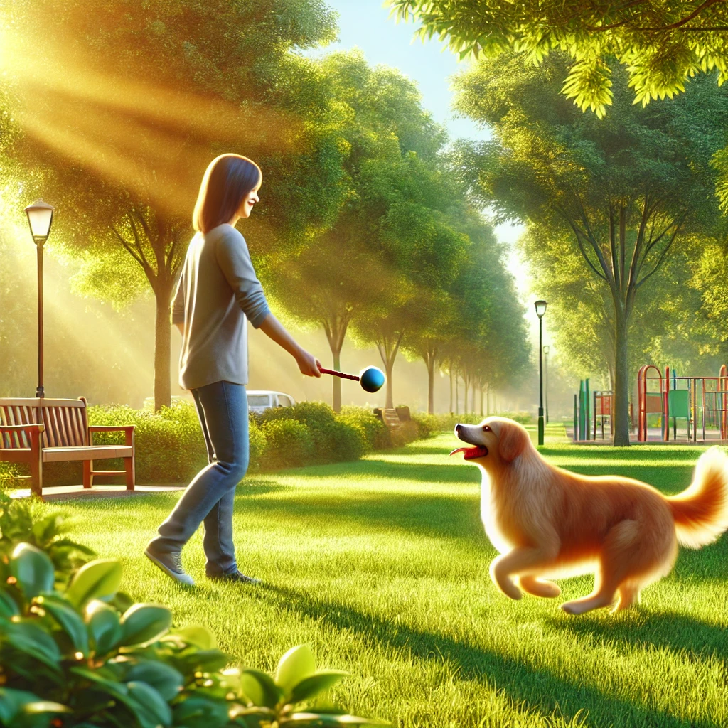 공원에서 강아지와 놀고 있는 사람